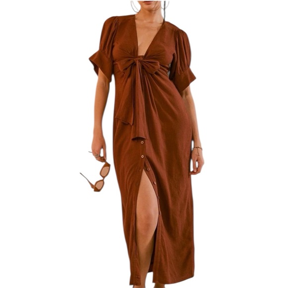 Free People Dresses & Skirts - Free People - NWT Vintage Summer Button Down Boho Midi Dress Brown Sz XS